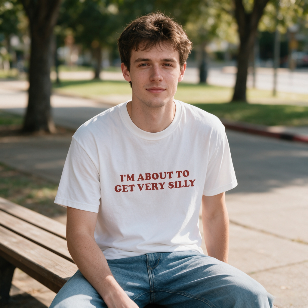 Unisex Pure Cotton Vintage-Style T-Shirt with "I'm About To Get Very Silly" Slogan – Loose Fit, Drop-Shoulder, Red Lettering