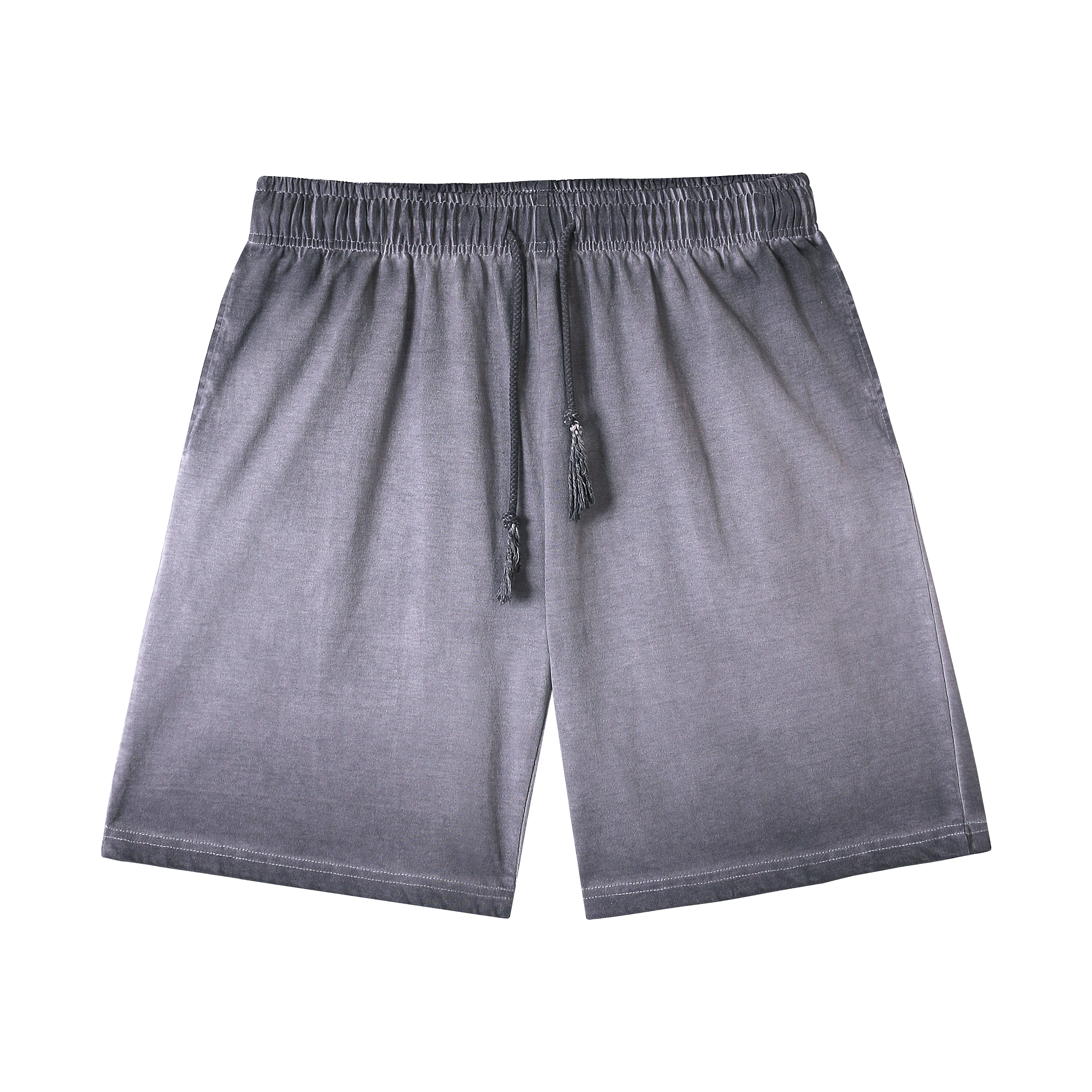 American vintage-style "dirty wash" shorts; distressed, faded, cotton-feel athletic shorts; versatile, casual unisex style.