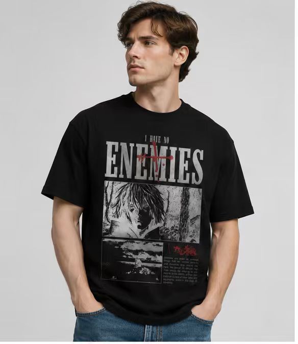 Pure Cotton Vintage "I Have No Enemies" Anime Graphic T-Shirt – American Streetwear Style with Text & Portrait, Loose Fit, Drop-Shoulder Short Sleeve (Men's)
