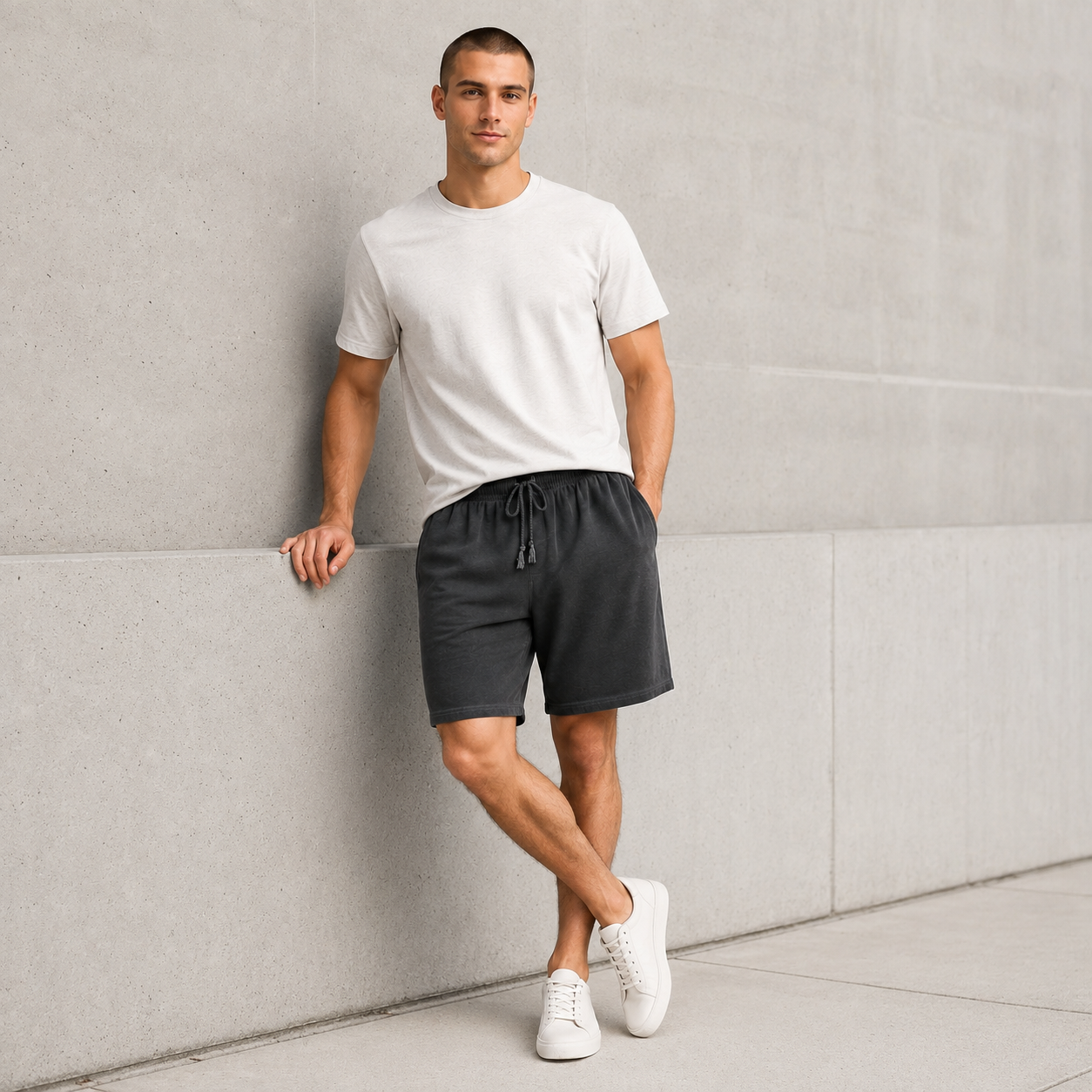 American vintage-style "dirty wash" shorts; distressed, faded, cotton-feel athletic shorts; versatile, casual unisex style.