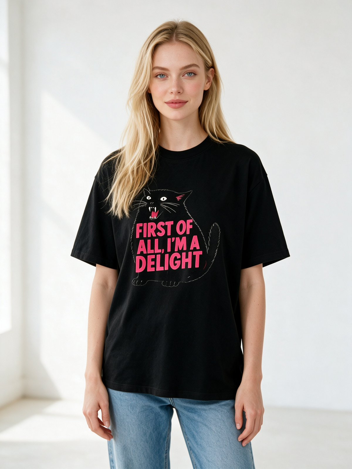 Fun & Quirky Black Cat Graphic T-Shirt – 100% Cotton, Oversized, Casual Short-Sleeve Tee for Cat Lovers