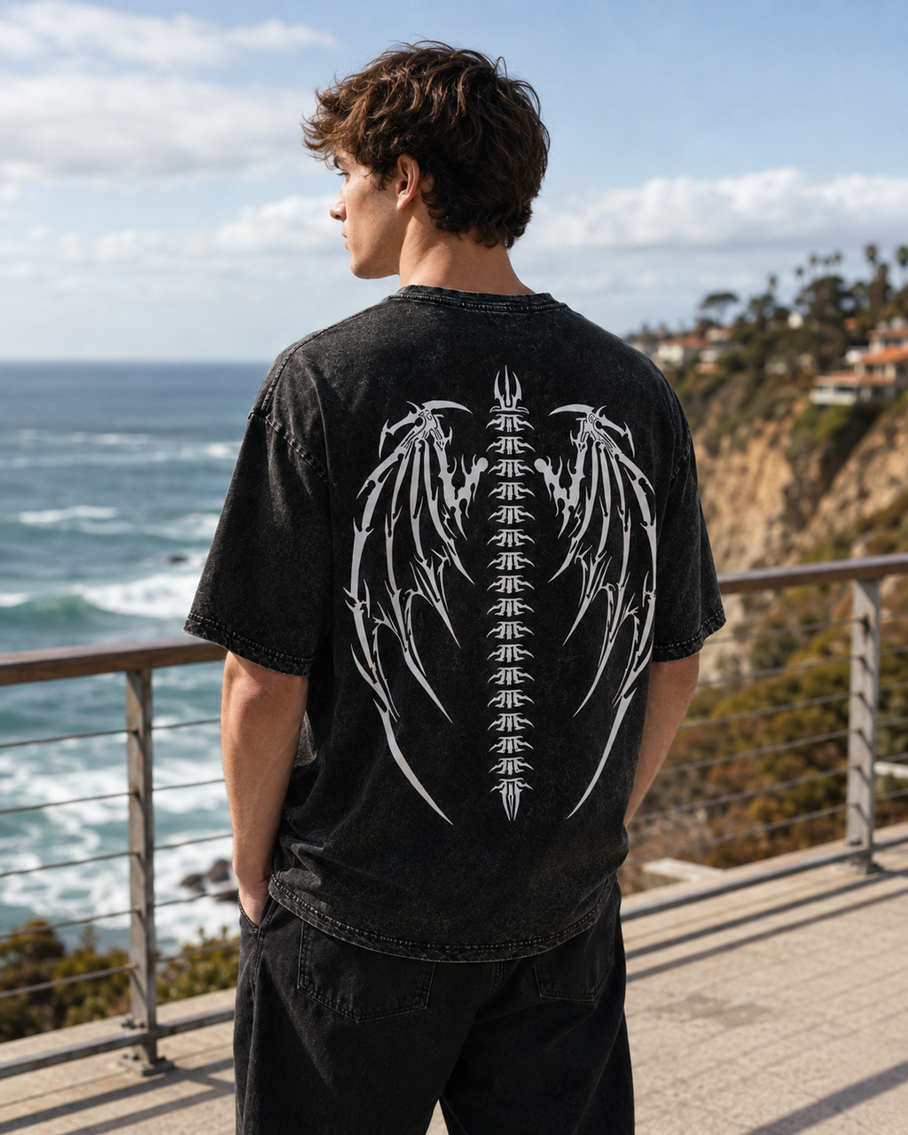 Dark Gothic Dragon Bone Demon Wing Double-Sided Print Totem Print Washed Distressed Short-Sleeve T-Shirt, American Heavyweight Pure Cotton, Oversized, Subculture Retro High Street Style, Unisex T-Shirt