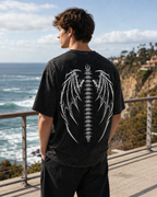 Dark Gothic Dragon Bone Demon Wing Double-Sided Print Totem Print Washed Distressed Short-Sleeve T-Shirt, American Heavyweight Pure Cotton, Oversized, Subculture Retro High Street Style, Unisex T-Shirt
