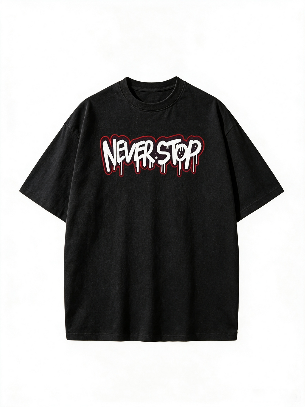 "NEVER STOP" Graffiti Letter Print Short-Sleeve T-Shirt – Heavyweight Pure Cotton, Oversized, American Retro Hip-Hop Streetwear Style