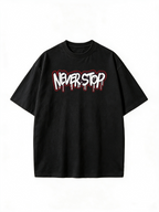 "NEVER STOP" Graffiti Letter Print Short-Sleeve T-Shirt – Heavyweight Pure Cotton, Oversized, American Retro Hip-Hop Streetwear Style