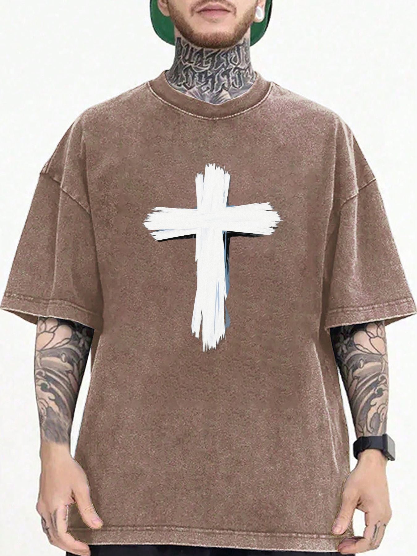 Men's 100% Cotton Vintage Distressed T-Shirt with White Cross Print - Soft Breathable Loose Fit Round Neck Short Sleeve, Beige Washed Retro Streetwear Tee Suitable for Hip Hop & Casual Wear, All-Season, Machine Washable