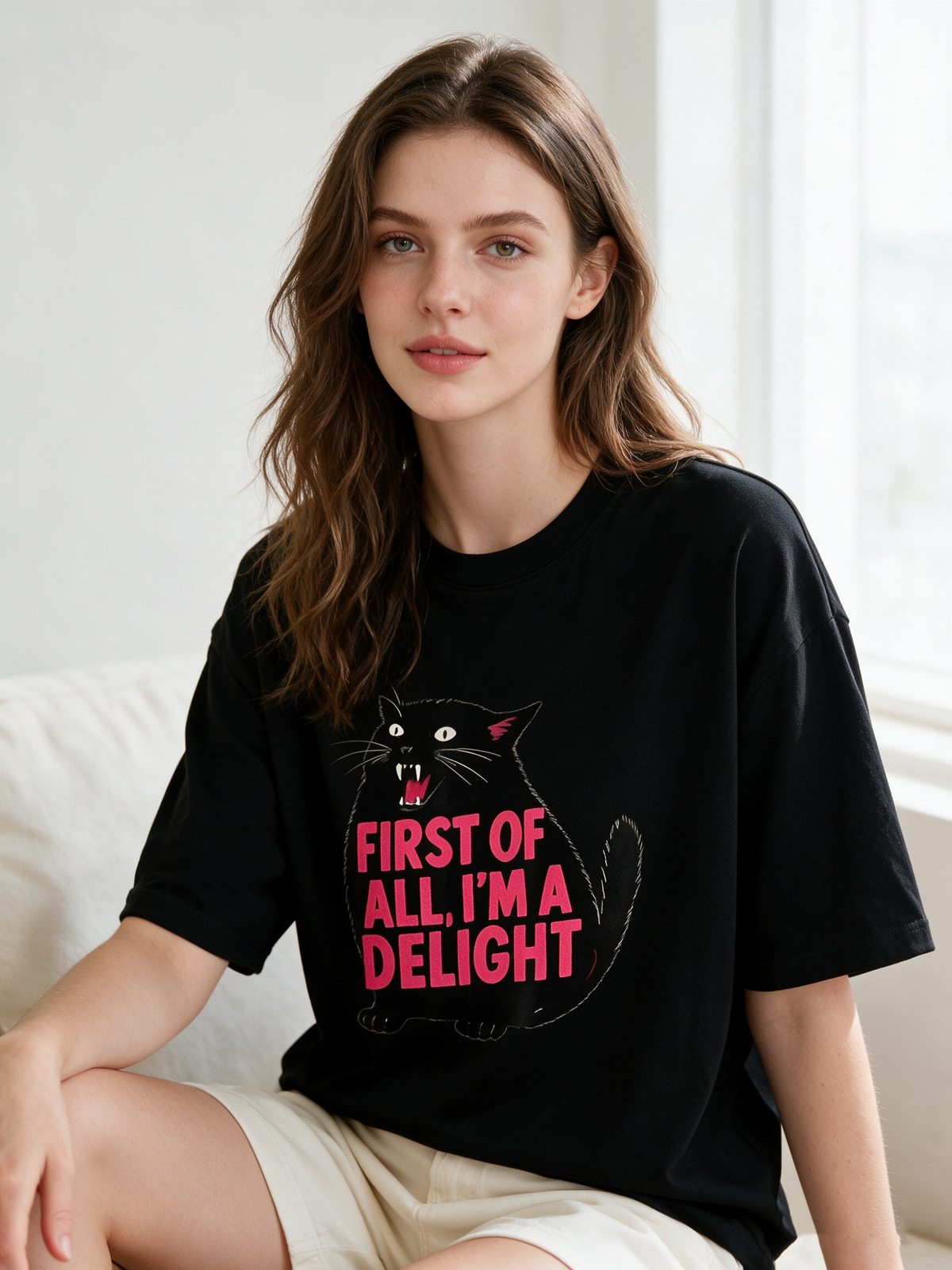 Fun & Quirky Black Cat Graphic T-Shirt – 100% Cotton, Oversized, Casual Short-Sleeve Tee for Cat Lovers