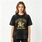 Women's Vintage-Wash Distressed Short-Sleeve T-Shirt – American Campus Style "Banana Slug" Print, Pure Cotton – Casual, Loose-Fit Trendy Top