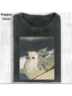Men's 230g 100% Cotton Vintage Washed T-Shirt with Cute Cat & Kitten Graphic - Black Short Sleeve Round Neck Casual Tee, Breathable for all-Season, Machine Washable /Holidays