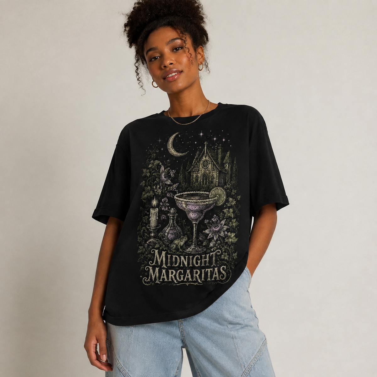 Women's Loose Oversized Washed-Finish Cotton T-Shirt with Dark Retro "Midnight Margarita" Print