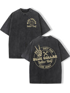 Reversible Washed Cotton Vintage Streetwear T-Shirt - Loose Fit Hip Hop Graphic Print Unisex Top with "Dirty for Man Blue Collar" Design, Machine Washable All-Season Casual Tee