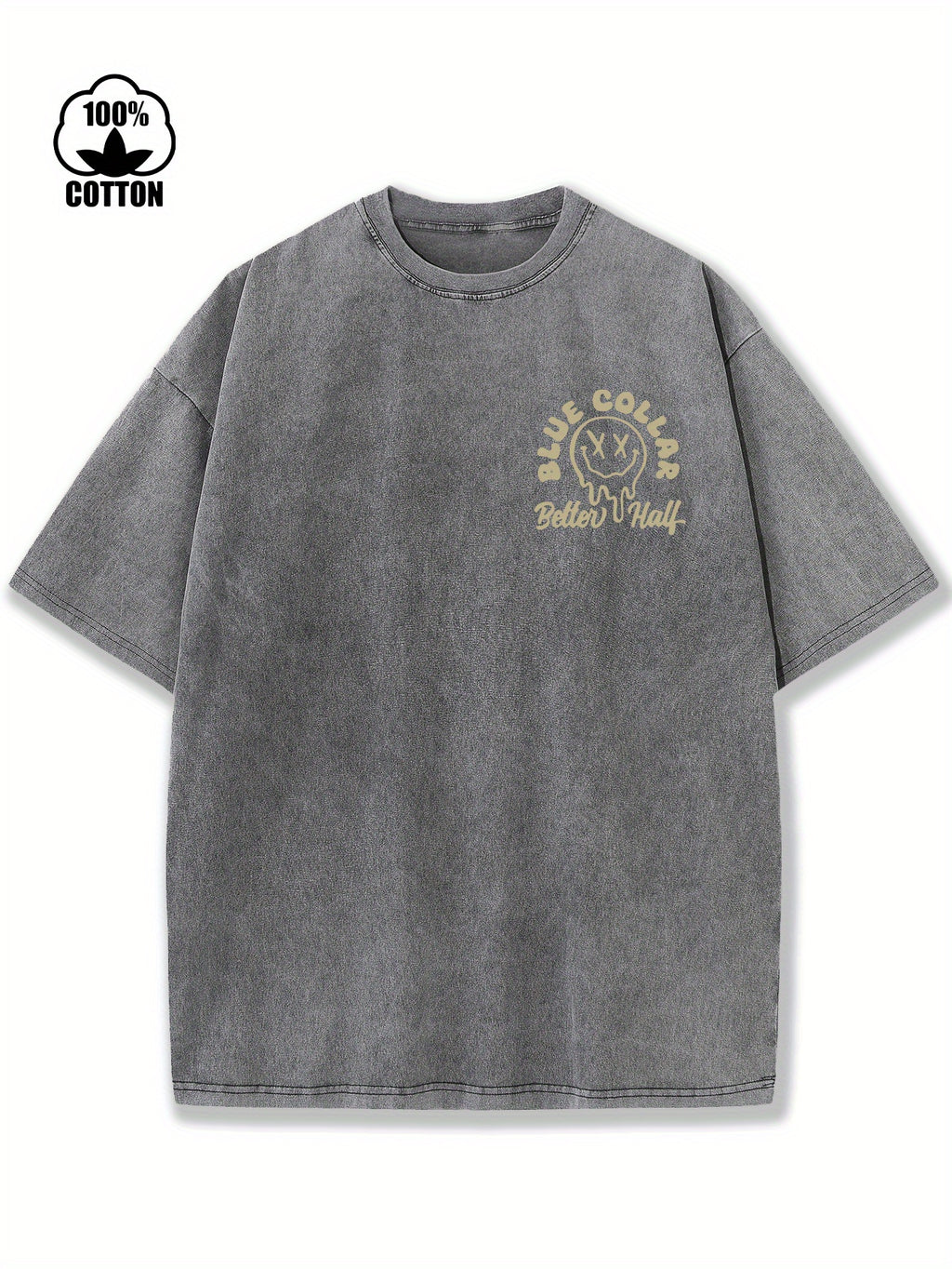 Reversible Washed Cotton Vintage Streetwear T-Shirt - Loose Fit Hip Hop Graphic Print Unisex Top with "Dirty for Man Blue Collar" Design, Machine Washable All-Season Casual Tee