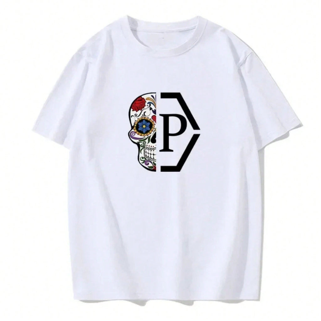 Luxury Brand Half Skull Flower Printed Letter Men's New Loose And Fashionable Short Sleeved T-Shirt European Cotton T-Shirt