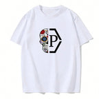 Luxury Brand Half Skull Flower Printed Letter Men's New Loose And Fashionable Short Sleeved T-Shirt European Cotton T-Shirt