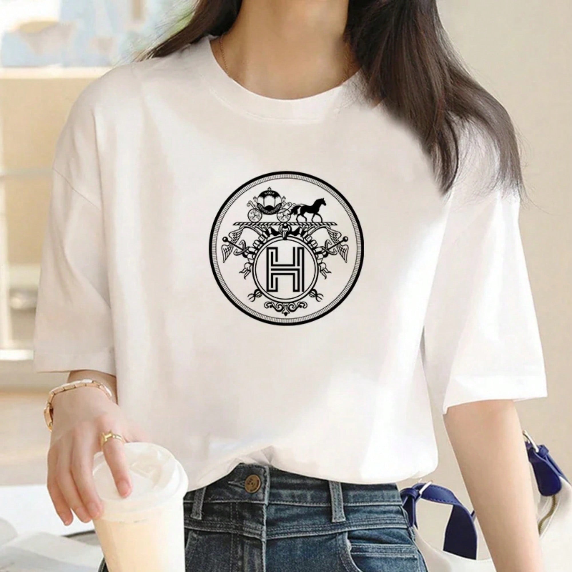 Luxury Brand Fashion Letter H Surrey Printed Crew Neck Clothing Short Sleeve T-Shirt Women's Summer Y2K Top New