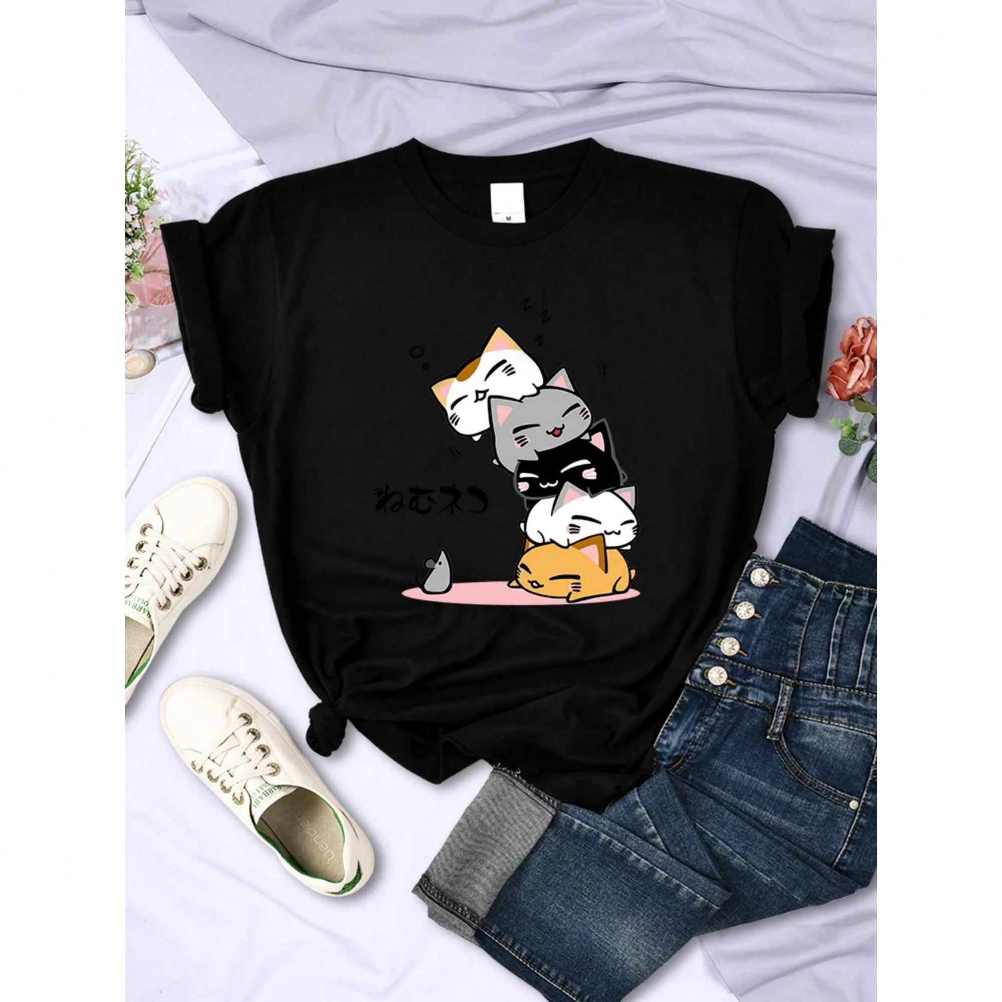 Luxury Brand Stacked Cats Sleeping Don'T See The Mouse Print Women T-Shirt Comfortable Creativity Fashion Womans Tee Clothing