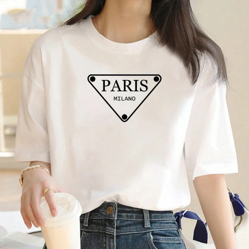 Luxury Brand Brand Fashion Triangular Parisian Alphabet Printed Crew Neck Clothing Short Sleeve T-Shirt Women's Summer