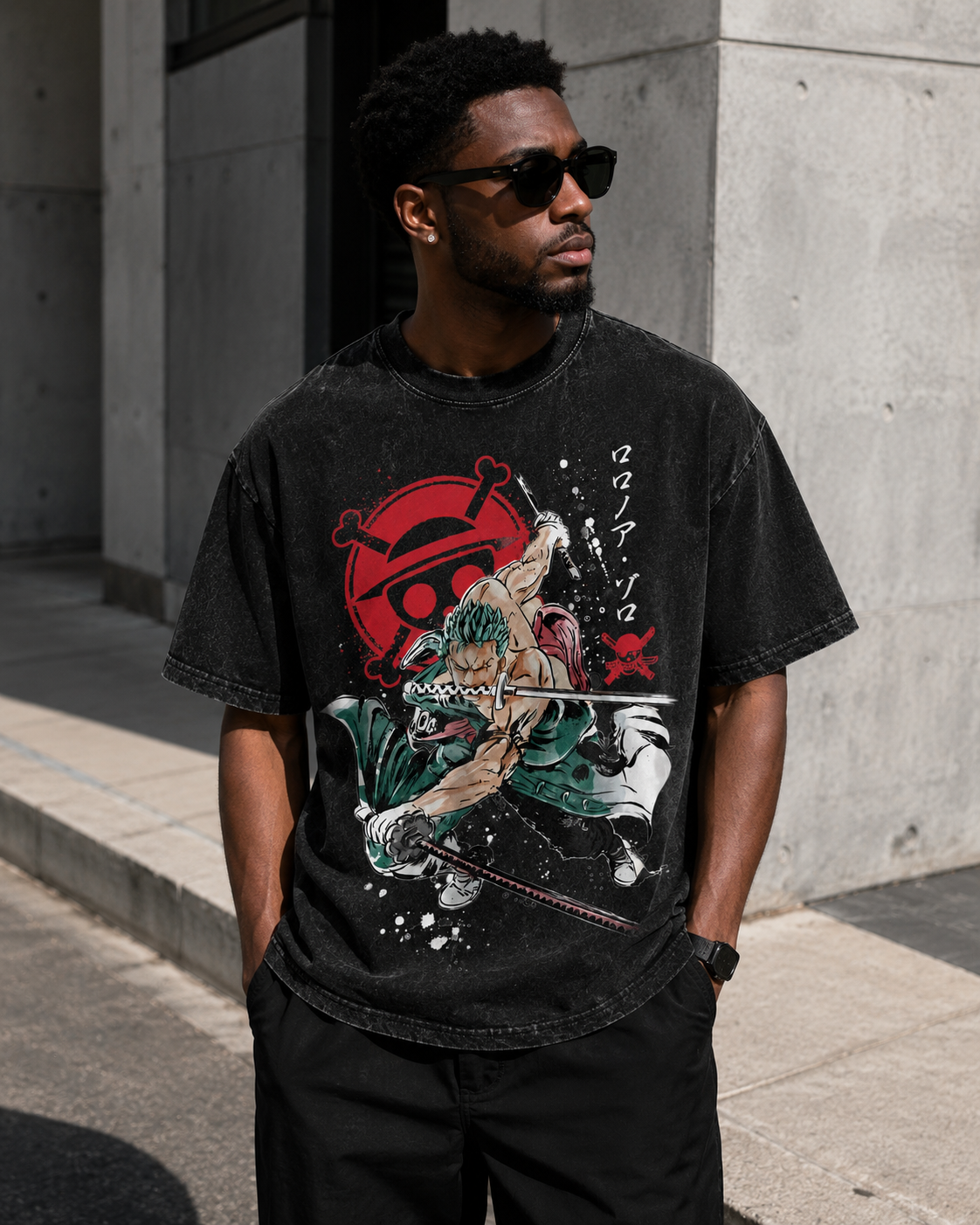 American-style acid-washed distressed One Piece Roronoa Zoro Three-Sword Style Print Short-Sleeve T-Shirt, Heavyweight Wash, Oversized, Retro Anime Unisex T-Shirt