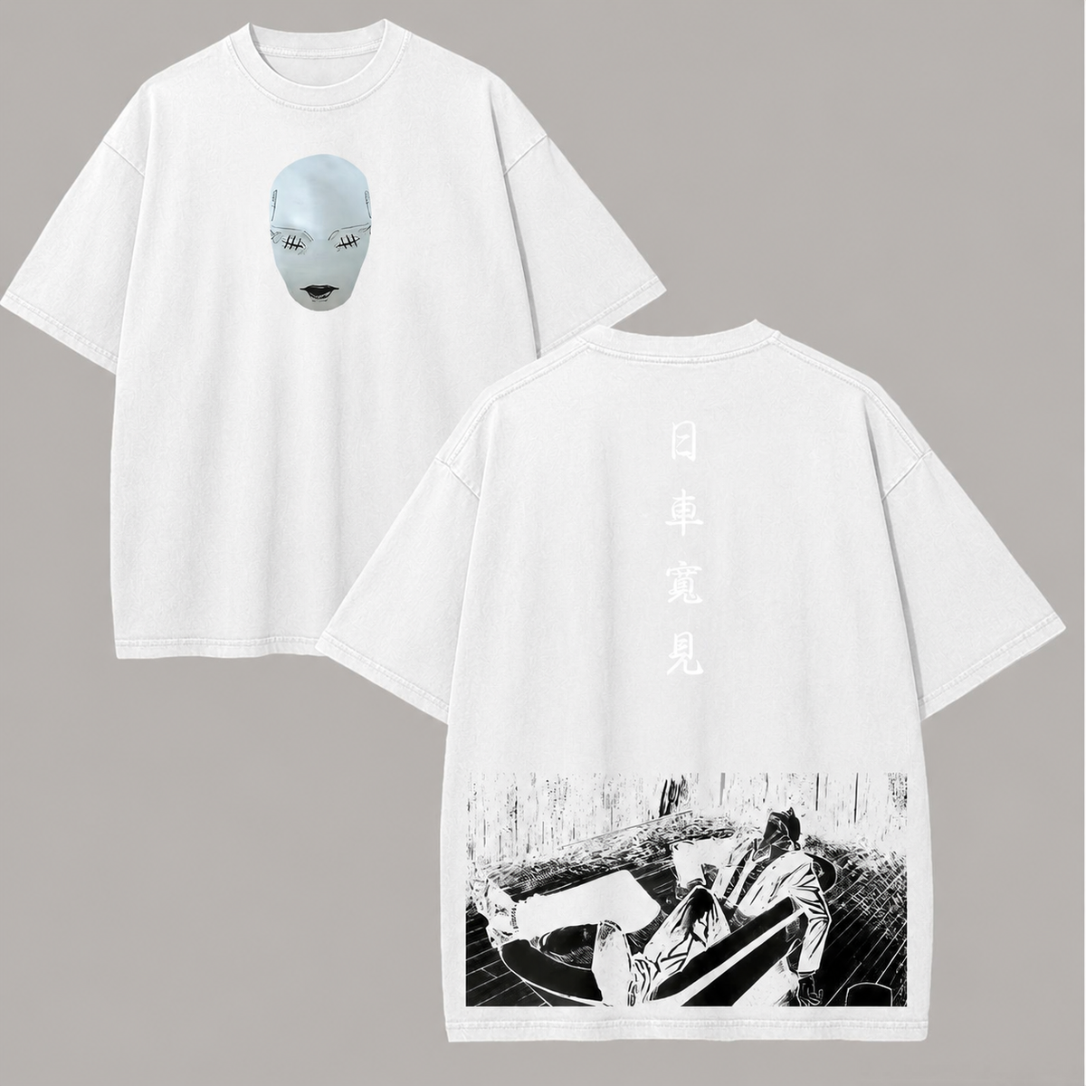 Vintage-Wash Distressed Short-Sleeve T-Shirt | Dark Manga Double-Sided Print – Japanese-Style Black & White Art – Oversized, Distressed, Unisex