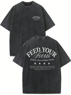Letter Printed T-Shirt Retro Washed Street Letter Printed Cotton T-Shirt Men's And Women's T-Shirt Old Street Style Off Shoulder Sleeves Round Neck Top Short Sleeved Shirt