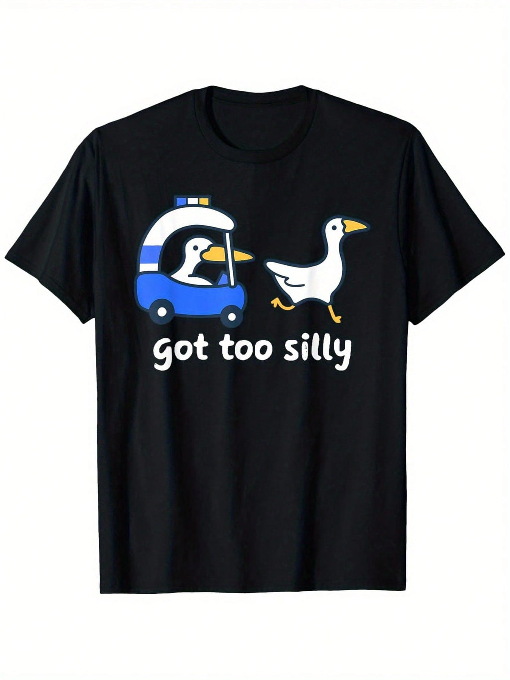 Got Too Silly Funny Goose Police T-Shirt For Animal Lovers - Unisex Cotton Casual Round Neck Tee, Black With White & Blue Print, Slight Stretch, 100% Cotton, S-XXXL,Short Sleeved Shirt, Essential For Summer And Spring, Loose Casual Round Neck, Men's Lette