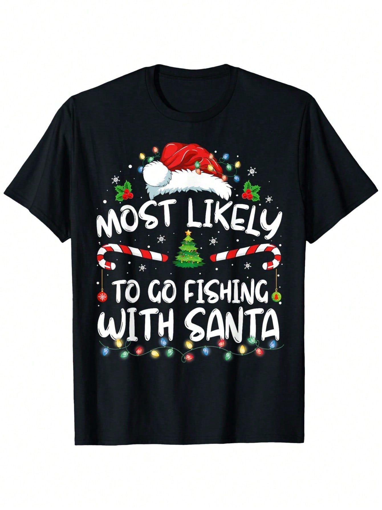 Most Likely To Go Fishing With Santa Fishing Lover Christmas T-Shirt, Unisex Cotton Casual Round Neck Outdoor Short Sleeve T-Shirt With Slight Stretch, Slightly Elastic, 100%Cotton, S-XXXL,Short Sleeved Shirt, Essential For Summer And Spring, Loose Casual