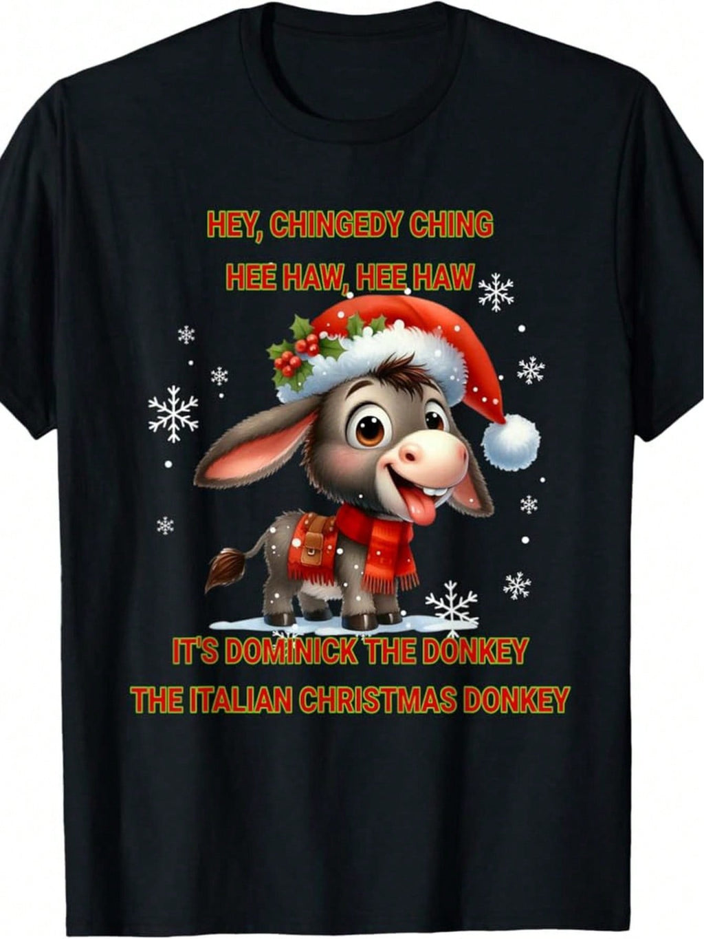 Dominick The Donkey Christmas T-Shirt For Men - 100% Made In USA, 180g Cotton, Festive Italian Holiday Design With Santa Hat And Snowflakes, Short Sleeve, Round Neck,Short Sleeved Shirt, Essential For Summer And Spring, Loose Casual Round Neck, Men's Lett