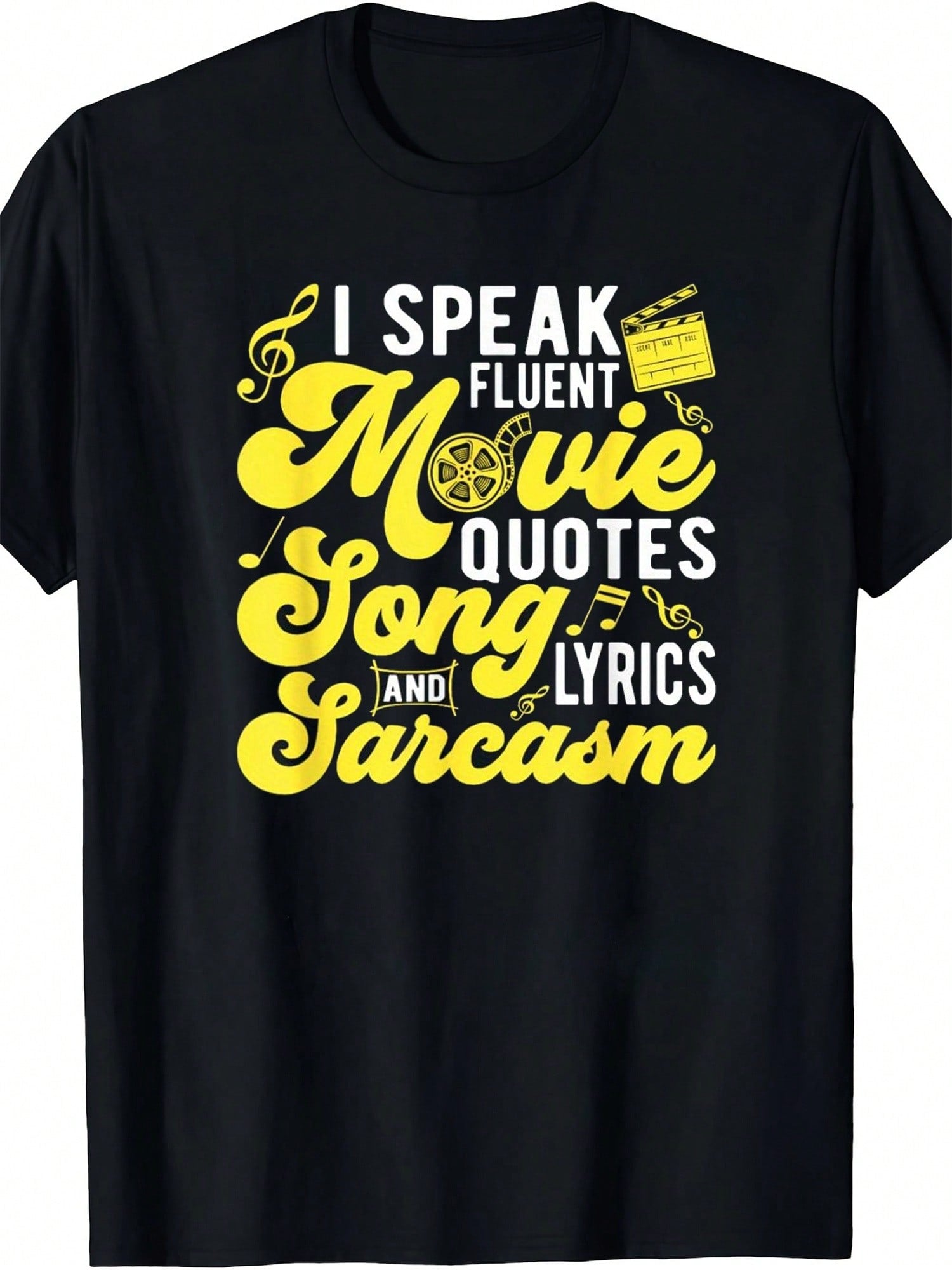 Men'S I Speak Fluent Movie Quotes, Song & Sarcasm Cotton T-Shirt - Casual Short Sleeve Crew Neck Tee With Geometric Print, Black, 180gm² Smooth Texture, Perfect For Cinema Lovers,Short Sleeved Shirt, Essential For Summer And Spring, Loose Casual Round Nec