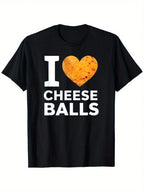 I Love Cheese Balls Funny Cheeseball Snack Food Lover T-Shirt, 100% Cotton, Single Side Printed, Black Short Sleeve T-Shirt, Birthday Festivals Gift For Men Women Family Friends, S-XXXL, 1pc, Fabric Weight 180g,Short Sleeved Shirt, Essential For Summer An