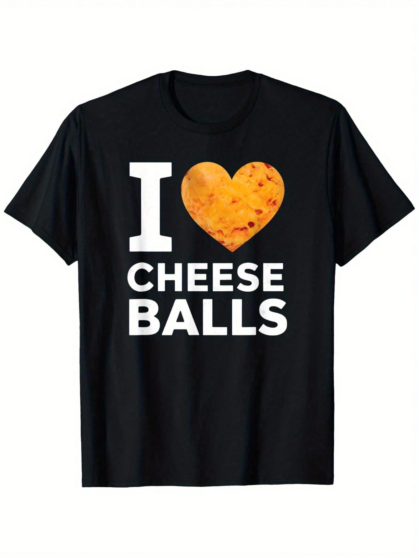 I Love Cheese Balls Funny Cheeseball Snack Food Lover T-Shirt, 100% Cotton, Single Side Printed, Black Short Sleeve T-Shirt, Birthday Festivals Gift For Men Women Family Friends, S-XXXL, 1pc, Fabric Weight 180g,Short Sleeved Shirt, Essential For Summer An