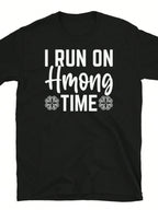 I Run On Hmong Time Unisex Cotton T-Shirt – Casual Short-Sleeve, Black With White Text & Snowflake Design, Regular Fit, Machine Washable, All-Season Comfort,Short Sleeved Shirt, Essential For Summer And Spring, Loose Casual Round Neck, Men's Letter Printe