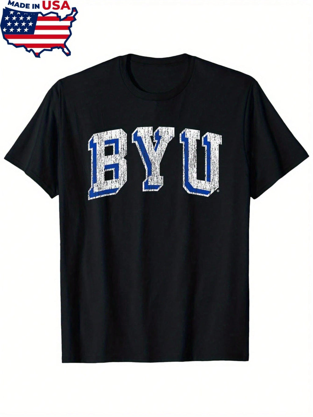 BYU Cougars Retro Arch Block T-Shirt - Black Unisex Adult Small, Vintage Distressed Blue & White Lettering, Made In USA, All-Season Comfort, Machine Washable, Training & Casual Wear, Allseason Clothing, Sports Apparel, Classic Round Neck, Durable Fabric,