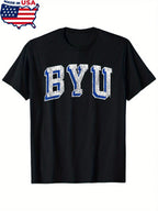 BYU Cougars Retro Arch Block T-Shirt - Black Unisex Adult Small, Vintage Distressed Blue & White Lettering, Made In USA, All-Season Comfort, Machine Washable, Training & Casual Wear, Allseason Clothing, Sports Apparel, Classic Round Neck, Durable Fabric,