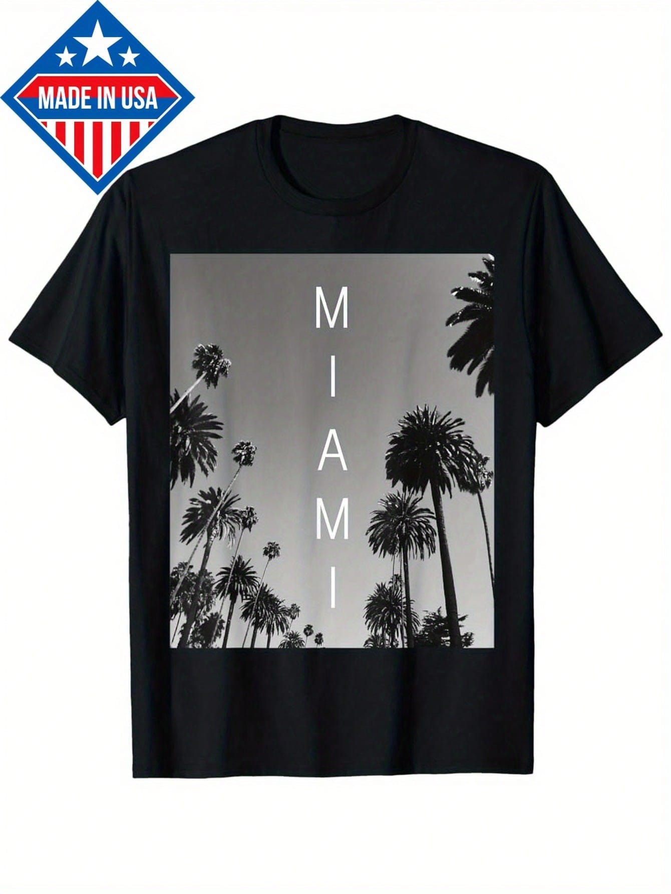 Men's Retro Miami Beach T-Shirt - South Beach Florida Souvenir Gift Tee With Palm Tree & American Flag Design, Black & White Contrast, Short Sleeve Casual Shirt For All Seasons, Machine Washable, Allseason Apparel, Heat Transfer Print,100% Pure Cotton Sho