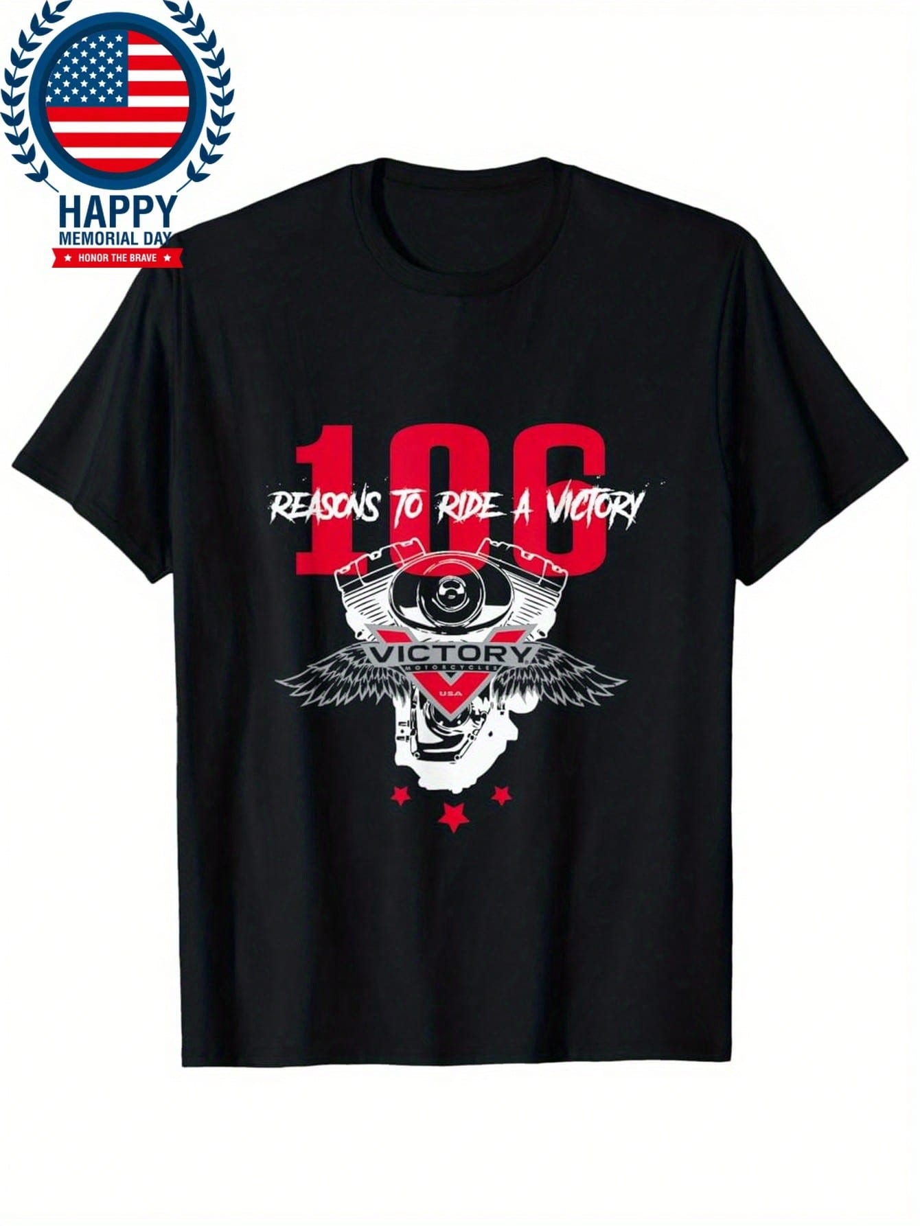 Men's Vintage 106 Reasons To Ride A Victory Graphic T-Shirt - Patriotic Motorcycle Design, Black Short Sleeve Tee With Wings & Stars, All-Season Comfort, Machine Washable, Sports Fan Apparel, Casual Wear, Retro Style Shirt, Durable Fabric, Thermal Transfe