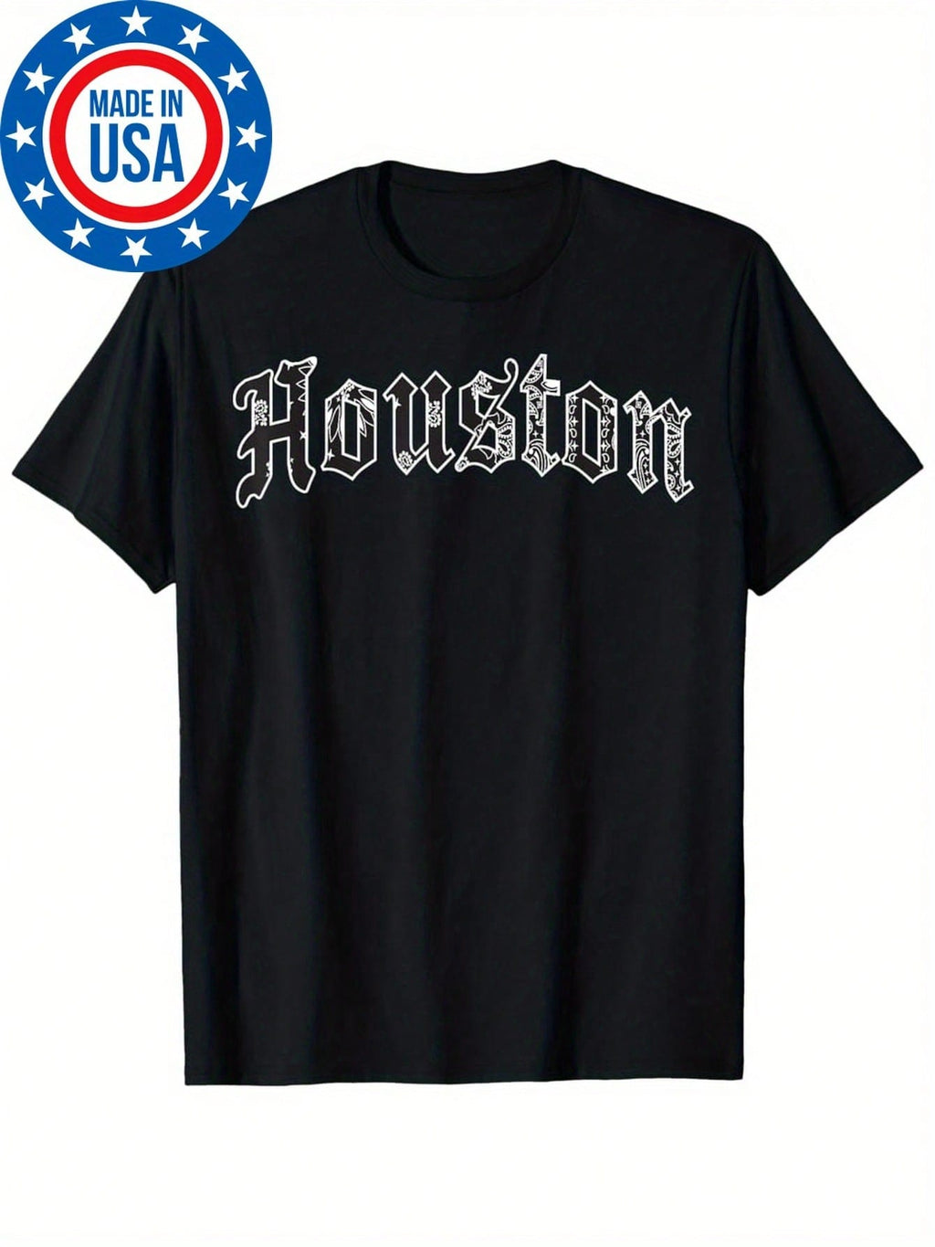 Men's Vintage Houston Graphic T-Shirt - Old English Urban Rap Bandana Print, Black With White Lettering, Regular Fit Short Sleeve, Made In USA, Machine Washable, Allseason Apparel, Retro Style Shirt, Heat Transfer Print,100% Pure Cotton Short Sleeved Shir