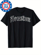 Men's Vintage Houston Graphic T-Shirt - Old English Urban Rap Bandana Print, Black With White Lettering, Regular Fit Short Sleeve, Made In USA, Machine Washable, Allseason Apparel, Retro Style Shirt, Heat Transfer Print,100% Pure Cotton Short Sleeved Shir