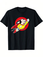 Superhero Cartoon Mouse Rockets Up In Mighty Retro Cartoon T-Shirt,100% Pure Cotton Short Sleeved Shirt, Essential For Summer And Spring, Loose Casual Round Neck, Men's Letter Printed T-Shirt, Suitable For Sports Enthusiasts