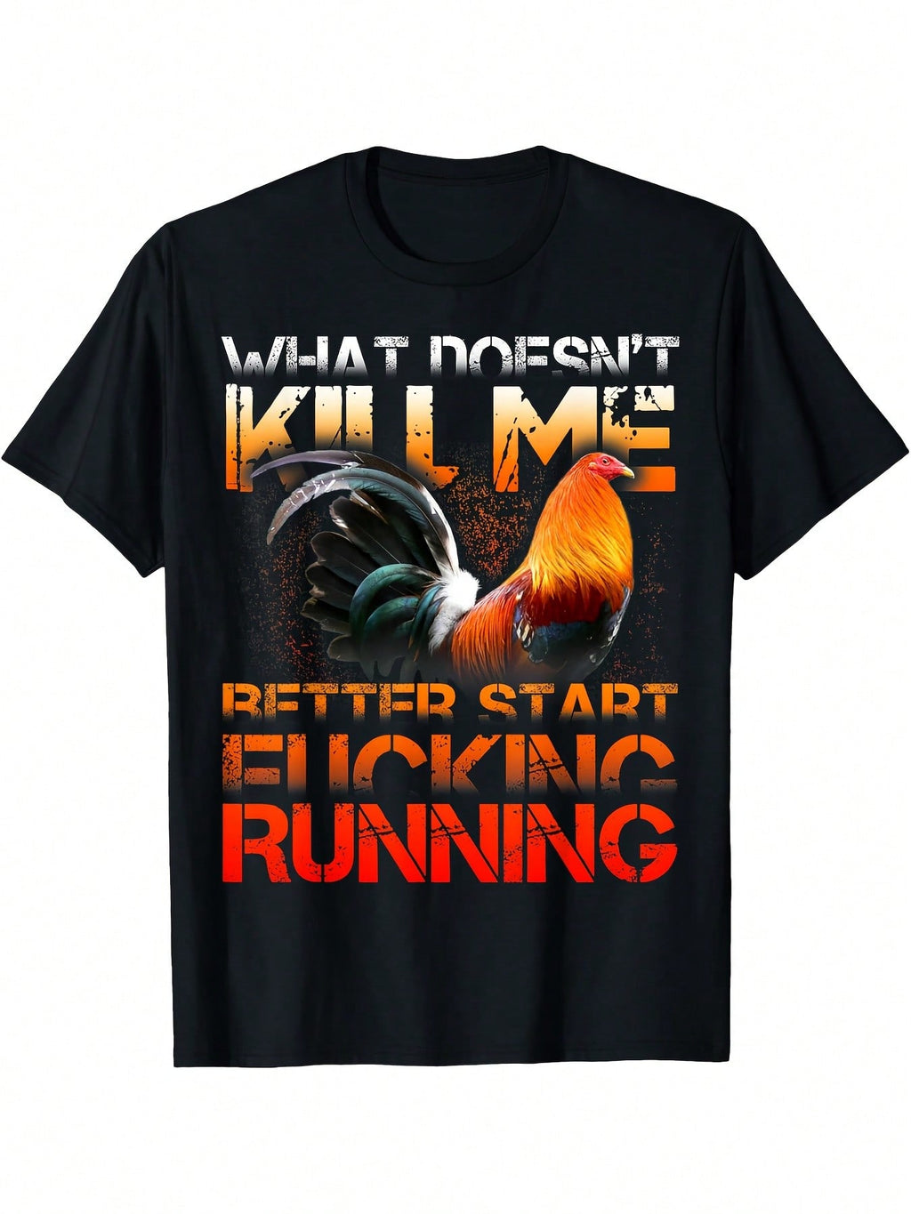 Funny Rooster Fight Chicken Graphic T-Shirt - Unisex Adult Black Short Sleeve Tee With Humorous What Doesn't Kill Me Design, 100% Cotton, Regular Fit, Machine Washable,100% Pure Cotton Short Sleeved Shirt, Essential For Summer And Spring, Loose Casual Rou