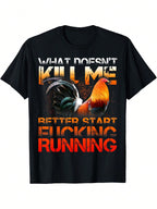 Funny Rooster Fight Chicken Graphic T-Shirt - Unisex Adult Black Short Sleeve Tee With Humorous What Doesn't Kill Me Design, 100% Cotton, Regular Fit, Machine Washable,100% Pure Cotton Short Sleeved Shirt, Essential For Summer And Spring, Loose Casual Rou