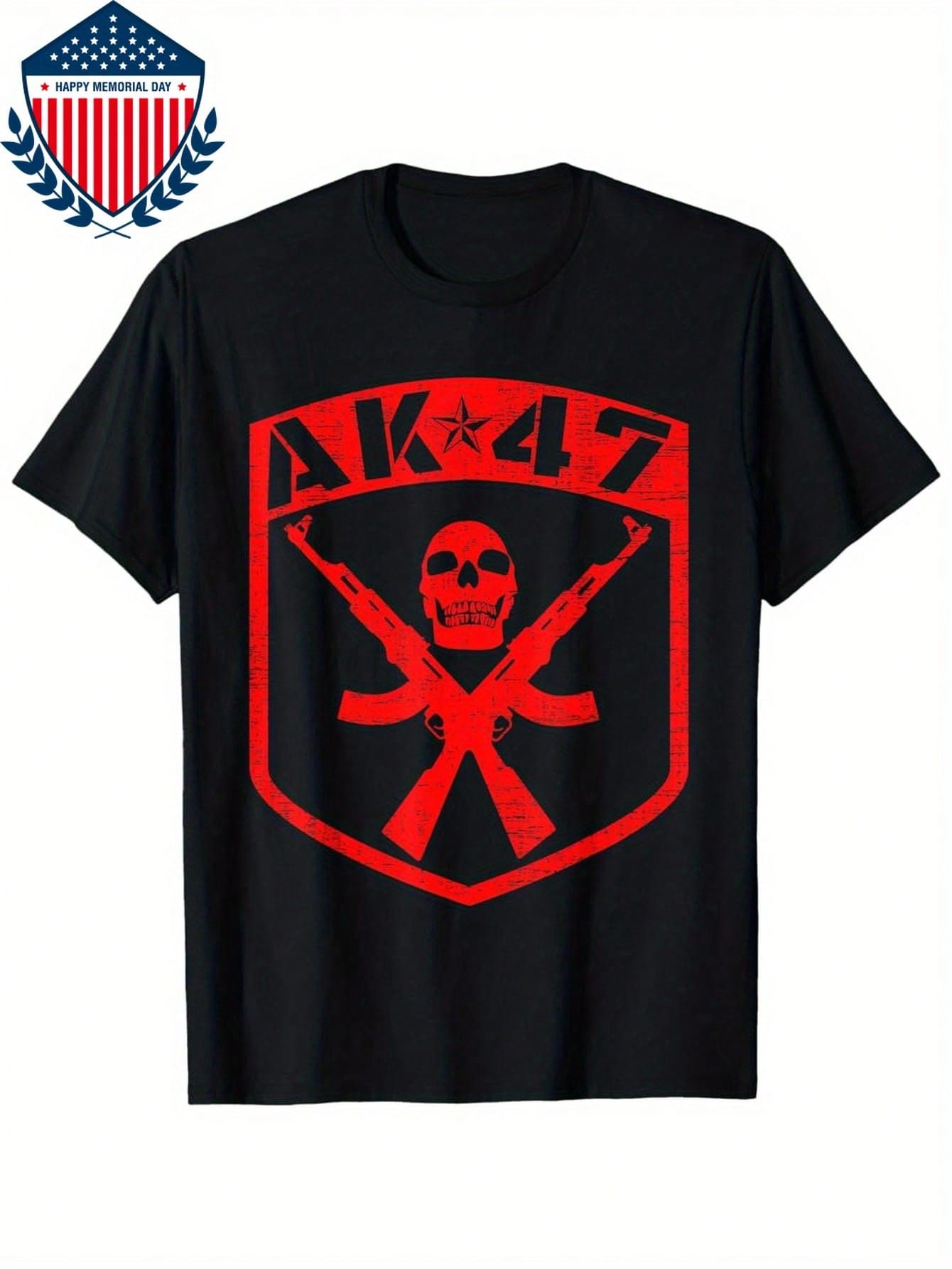 Men's Vintage AK-47 Skull & Crossed Rifles Graphic T-Shirt - Black With Red Print, Short Sleeve Regular Fit, Durable Digital Heat Transfer For Outdoor Training Gym Casual Wear, Everyday Clothing, Edgy Style, Longlasting Design, Pullover Top, Military Enth