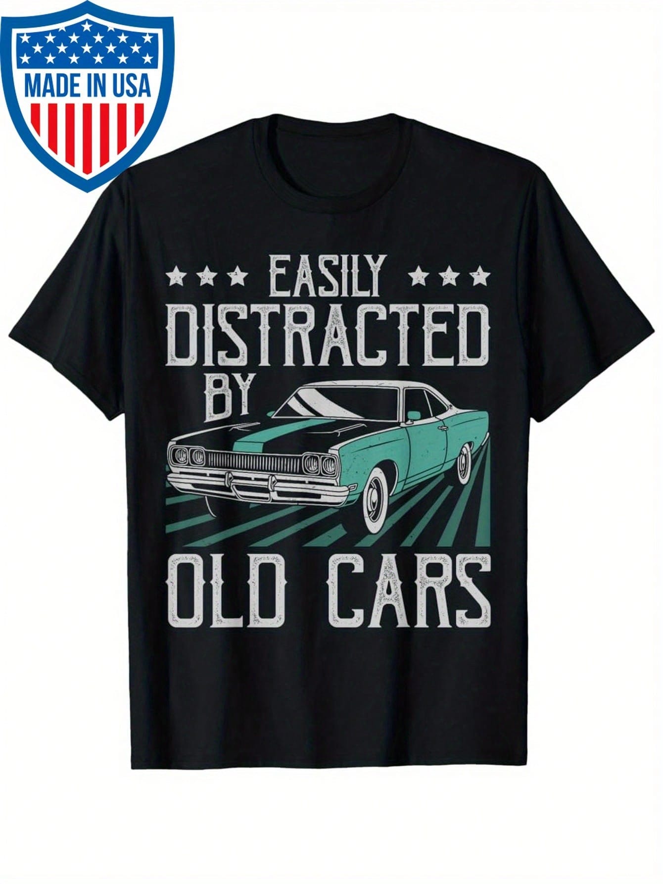 Easily Distracted By Old Cars Funny Vintage Classic Car Guy T Shirt Black,100% Pure Cotton Short Sleeved Shirt, Essential For Summer And Spring, Loose Casual Round Neck, Men's Letter Printed T-Shirt, Suitable For Sports Enthusiasts