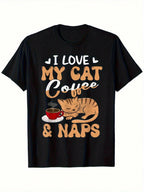 I Love My Cat Coffee & Naps Graphic T-Shirt – 100% Cotton, Black Short Sleeve Crewneck, Casual Comfort Fit, Perfect Gift For Cat Lovers, Father's Day Or Mother's Day, Sizes S-XXXL, Cat Lover Gifts,100% Pure Cotton Short Sleeved Shirt, Essential For Summer