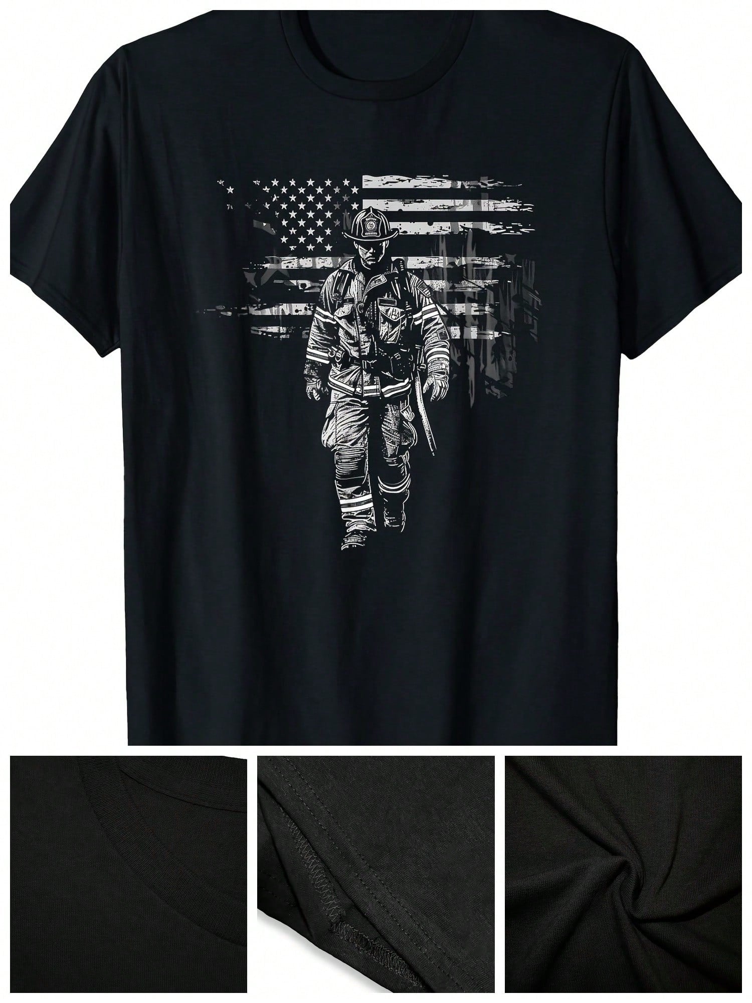 Fireman American Flag US Firefighter T-Shirt - 220g,100% Pure Cotton Short Sleeved Shirt, Essential For Summer And Spring, Loose Casual Round Neck, Men's Letter Printed T-Shirt, Suitable For Sports Enthusiasts