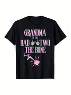 Grandma Of The Bad Two The Bone Rock-And-Roll 2nd Birthday T-Shirt - 100% Cotton Crew Neck Short Sleeve Tee, Black Retro Graphic Print Design, Casual All-Season Knit Fabric Top, Machine Washable, Everyday Tshirt Retro Graphic Tee Comfortable Fit Shirt, Vi