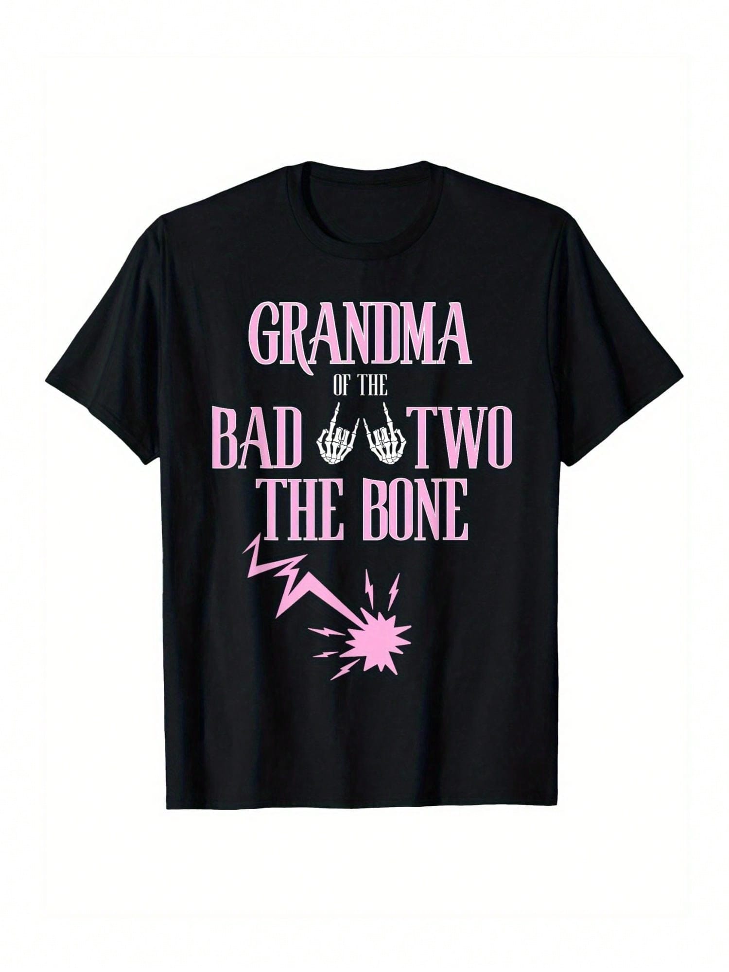 Grandma Of The Bad Two The Bone Rock-And-Roll 2nd Birthday T-Shirt - 100% Cotton Crew Neck Short Sleeve Tee, Black Retro Graphic Print Design, Casual All-Season Knit Fabric Top, Machine Washable, Everyday Tshirt Retro Graphic Tee Comfortable Fit Shirt, Vi