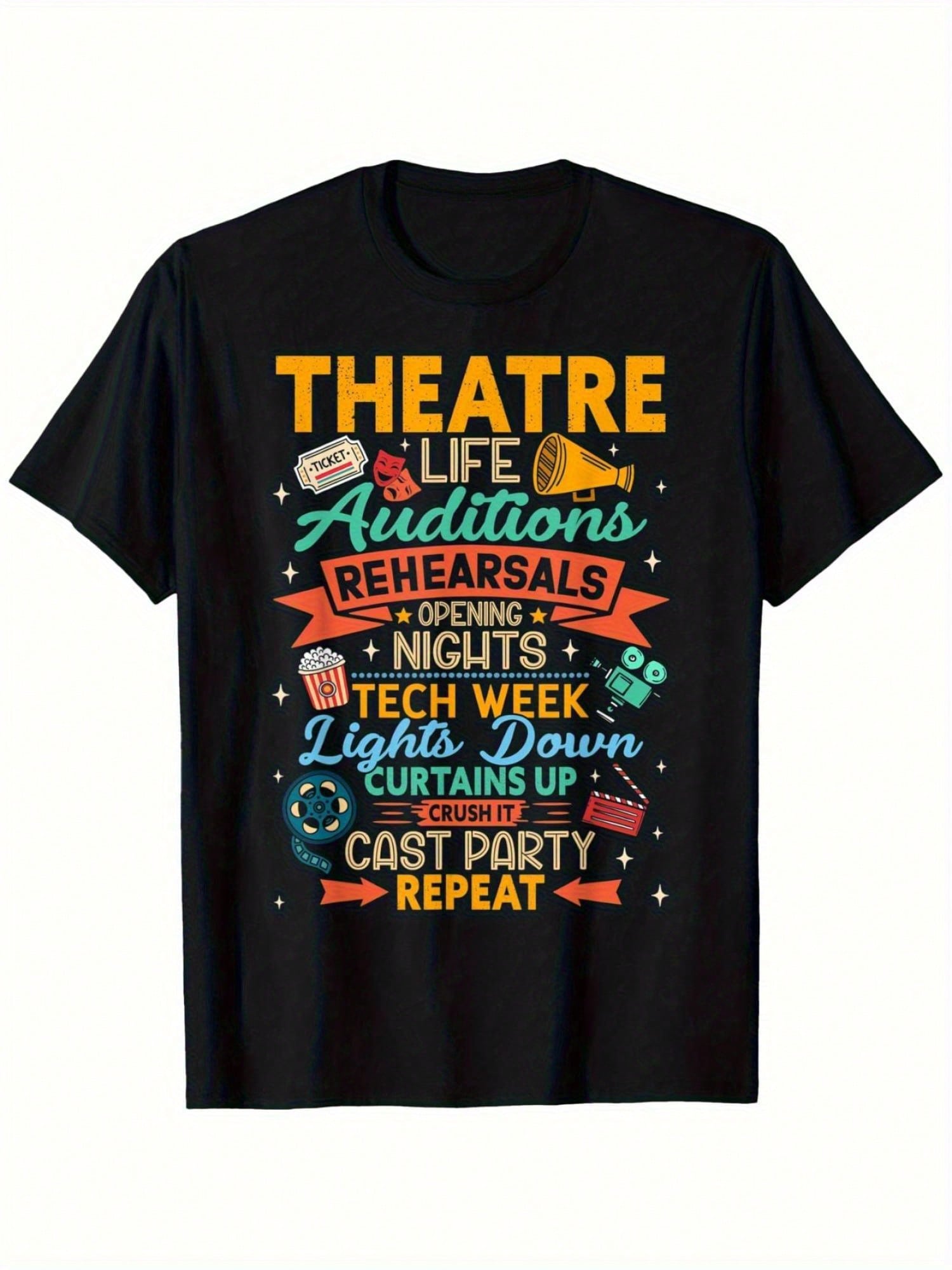 Men's  Theater Life Graphic T-Shirt - 100% Cotton 180gsm Relaxed Fit Short Sleeve Tee With Funny Actor Quotes & Stage Icons, Breathable Casual Shirt For Weekend & All-Season Wear (S-XXXL), Allseason Apparel, Playful Design, Nontransparent Material,100% Pu