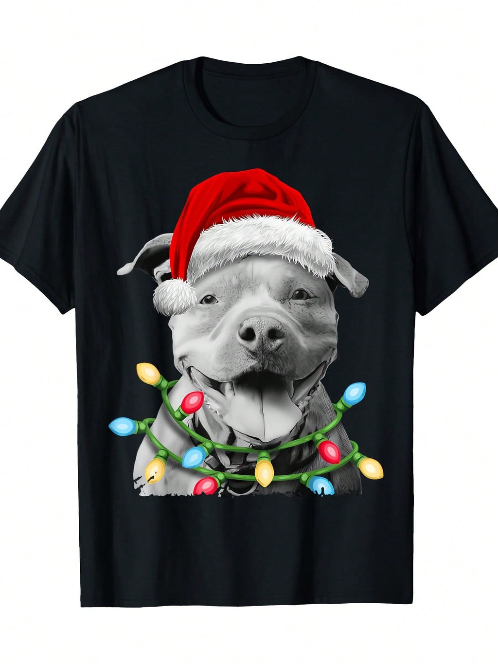 Pit Bull Santa Christmas Tree Lights Xmas Dog Dogmas T-Shirt-100% Cotton-220g,100% Pure Cotton Short Sleeved Shirt, Essential For Summer And Spring, Loose Casual Round Neck, Men's Letter Printed T-Shirt, Suitable For Sports Enthusiasts
