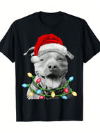 Pit Bull Santa Christmas Tree Lights Xmas Dog Dogmas T-Shirt-100% Cotton-220g,100% Pure Cotton Short Sleeved Shirt, Essential For Summer And Spring, Loose Casual Round Neck, Men's Letter Printed T-Shirt, Suitable For Sports Enthusiasts