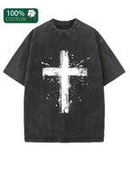 1pc, Men's Retro Washed Cotton T-Shirt, Easter, Jesus Is King, Vintage Washed Pattern Printed T-Shirt, Retro Streetwear Style, High-Quality Cotton Vintage Fashion T-Shirt, Holiday Gifts, Vintage-Inspired Graphic Tee | Soft Washed Cotton, Casual Loose Fit,